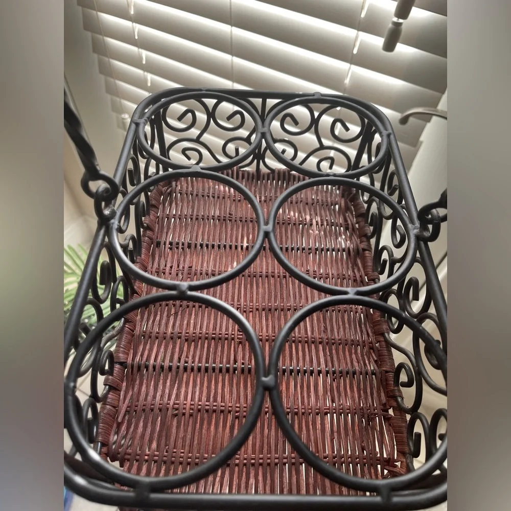 Elegant Brown Wicker and Black Metal Basket